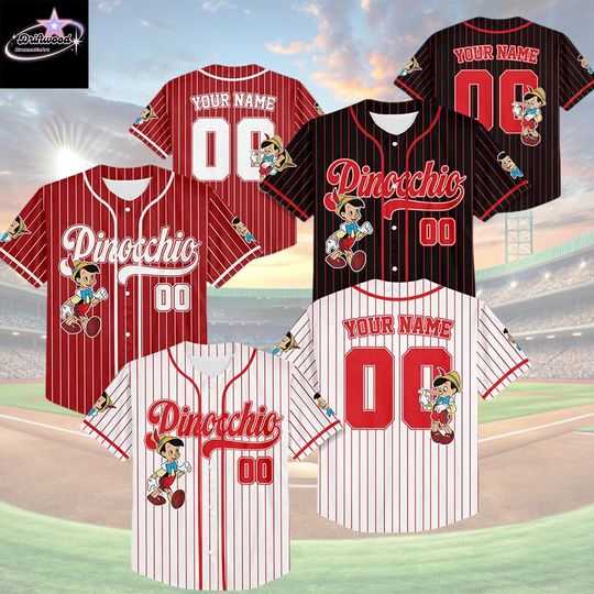 Discover Personalized Pinocchio Baseball Jersey, Custom Disney Pinocchio Shirt, Matching Family Outfit, Disneyland Baseball Team Outfit