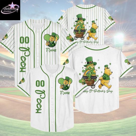 Discover Custom Pooh St. Patricks Day Baseball Jersey, Personalized Winnie the Pooh Shirt, Disney Baseball Jersey, St. Paddys Gift for Fans