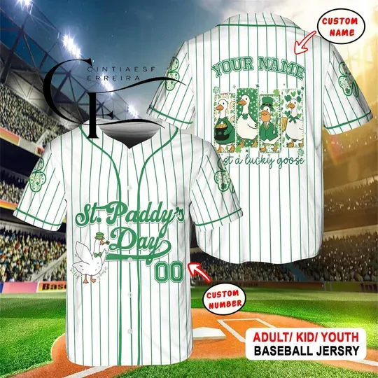 Discover Custom Goose St. Patricks Day Baseball Jersey, Lucky Shamrock Goose Shirt, St Paddys Family Matching Outfit