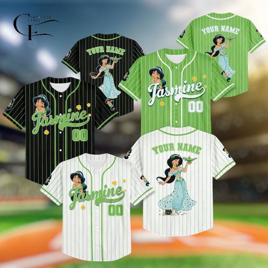 Discover Custom Jasmine St Patrick Day Baseball Jersey, Disney Jasmine Jersey Shirt, Disneyland Birthday Gift, Disney Baseball Fan Lover Gift