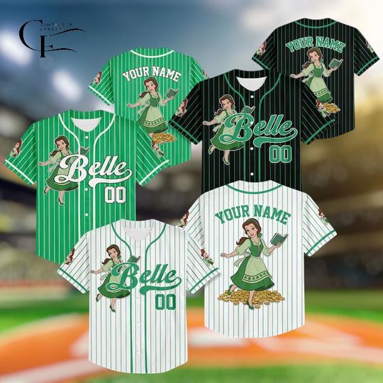 Custom Belle Princess St Patrick Day Baseball Jersey, Disney Princess Belle Beauty and the Beast Jersey, Gift for Disney Fans