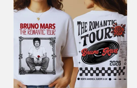 Discover Bruno Mars The Romantic Tour T-Shirt 2026, Tour Dates In the Back,Two Sided Tee