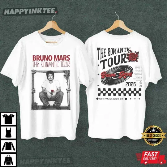 Discover Bruno Mars The Romantic Tour 2026 T-Shirt reprint unisex