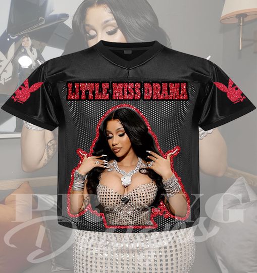 Discover Adult Cardi B. Little Miss Drama Tour, Black Cropped Top Football Jersey, Fraud Glitter