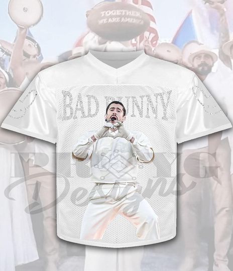 Adult BAD BUNNY Debi Tirar Mas Fotos World Tour, Cropped top Football Jersey, Fraud Glitter, Together we are America all white