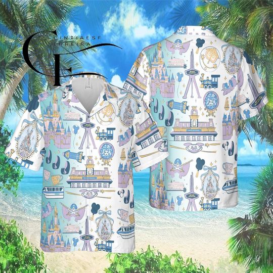Discover Disney Park Icons Hawaiian Shirt, Castle Magic Kingdom Aloha Shirt, Disney World Family Trip Outfit, Matching Vacation Button Up