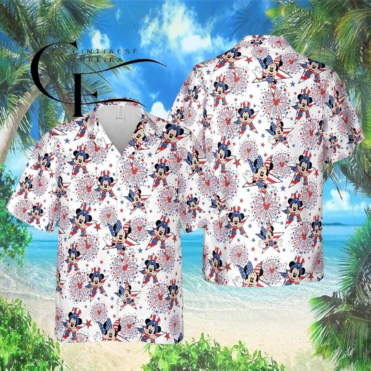 Discover Disney Mickey 4th Of July Hawaiian Shirt, Patriotic Fireworks Aloha Shirt, Independence Day Outfit, Family Disney Trip, USA Holiday Gift
