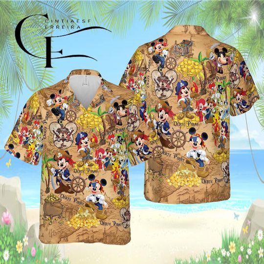 Discover Disney Pirate Mickey Hawaiian Shirt, Mickey Mouse Treasure Map Aloha Shirt, Disney Pirate Gold Coin Beach Shirt, Button Up Vacation Shirt