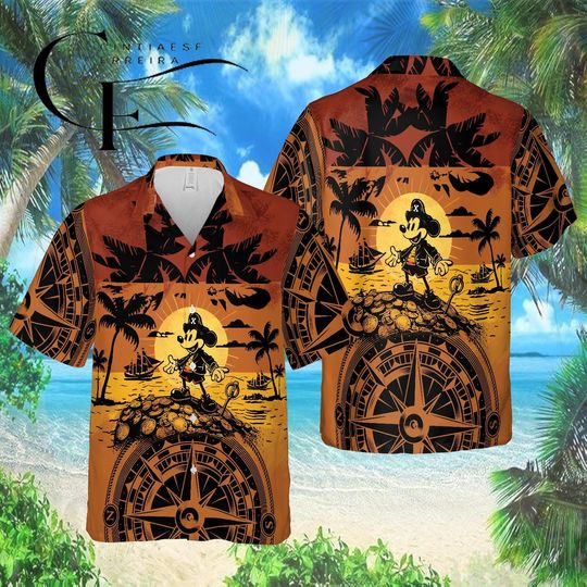 Discover Disney Pirate Mickey Hawaiian Shirt, Mickey Mouse Treasure Sunset Aloha Shirt, Disney Compass Beach Button Up Shirt
