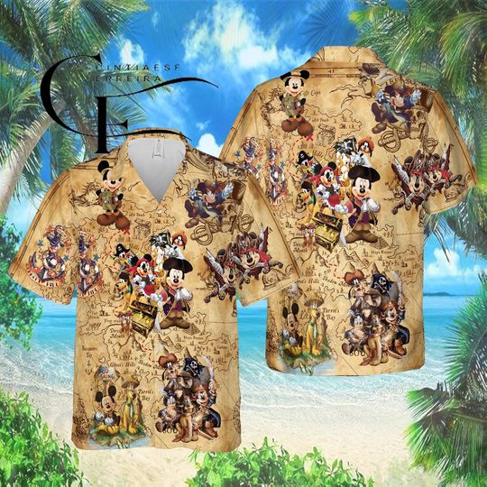 Discover Disney Mickey Mouse Hawaiian Shirt, Pirate Treasure Map Mickey Aloha Shirt, Vintage Disney Adventure Button Up
