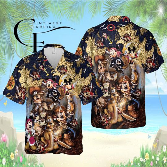 Discover Disney Mickey Mouse Hawaiian Shirt, Pirate Night Map Mickey Pluto Aloha Shirt, Dark Vintage Disney Button Up