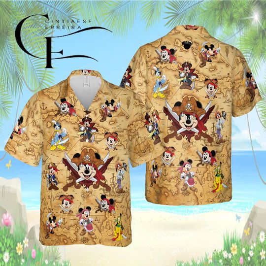 Discover Disney Pirate Mickey Hawaiian Shirt, Mickey Mouse Pirate Map Aloha Shirt, Disney Treasure Map Button Up Shirt