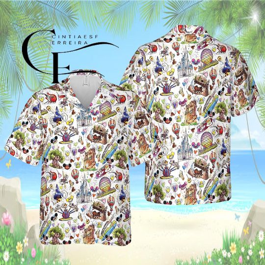 Discover Disney Park Icons Hawaiian Shirt, Mickey Castle Doodle Aloha Shirt, Disney Theme Park Shirt