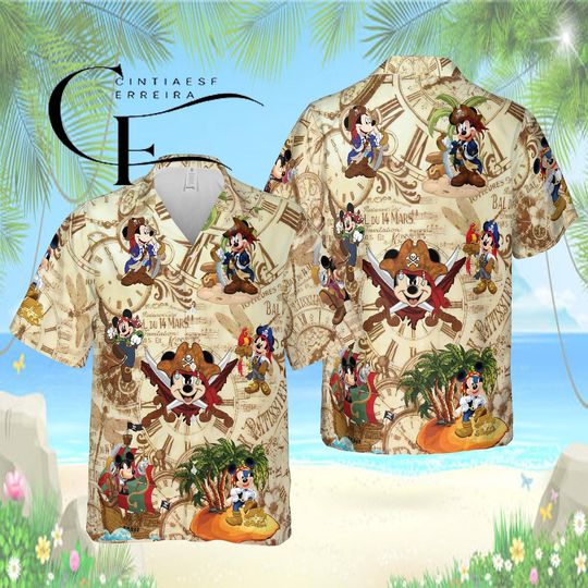 Discover Disney Pirate Mickey Hawaiian Shirt, Vintage Treasure Map Aloha Shirt, Disney Adventure Shirt