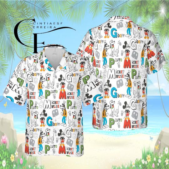 Discover Disney Mickey Goofy Pluto Hawaiian Shirt, Cartoon Typography Aloha Button Up, Disney Classic Shirt