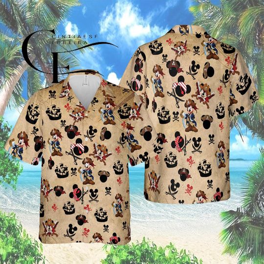 Discover Disney Pirate Mickey Hawaiian Shirt, Mickey Mouse Treasure Map Aloha Shirt, Disney Adventure Shirt