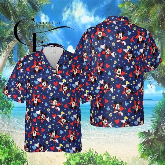 Discover Disney Mickey Mouse Hawaiian Shirt, Mickey Star Pattern Aloha Button Up, Classic Disney Summer Shirt