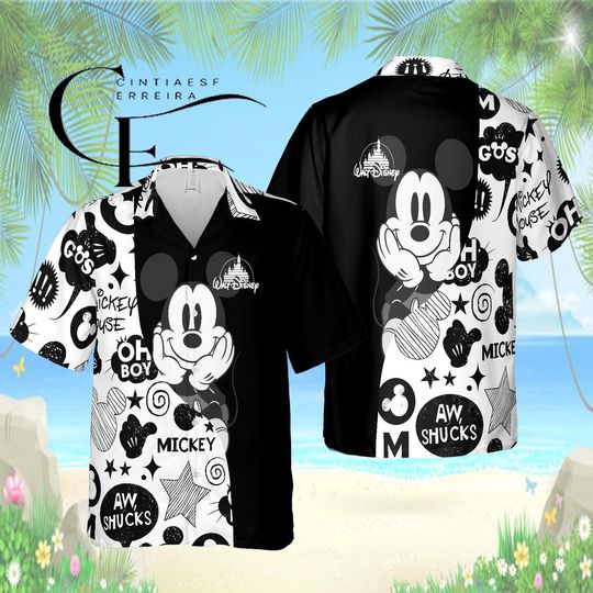 Discover Disney Mickey Mouse Hawaiian Shirt, Black White Mickey Graphic Aloha Button Up, Vintage Disney Shirt