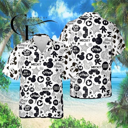 Discover Disney Mickey Mouse Hawaiian Shirt, Black White Doodle Mickey Aloha Button Up