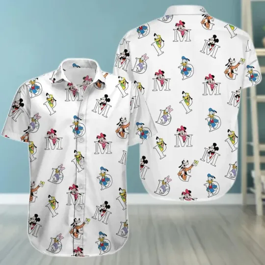 Discover Disney Mickey Minnie Goofy Donald Daisy Monogram Lette White Hawaiian Shirt