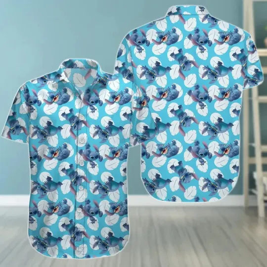 Discover Disney Stitch Leaf Summer Vacation Blue Hawaiian Shirt