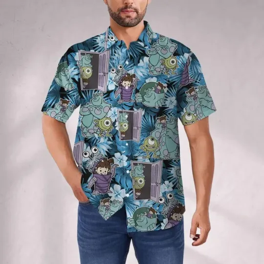 Discover Disney Monster Inc Summer Vacation Floral Blue Hawaiian Shirt