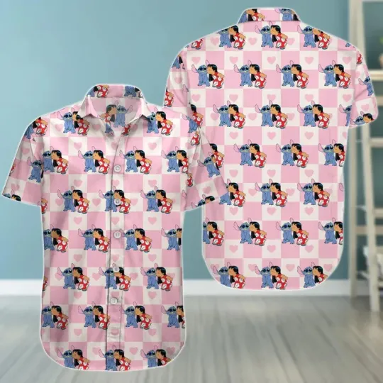 Discover Disney Lilo And Stitch Heart Love Cartoon Cute Bestie Checkered Hawaiian Shirt