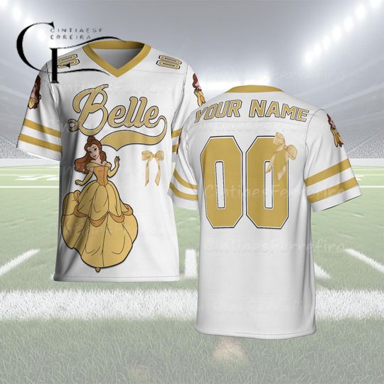 Discover Personalized Belle Football Jersey, Custom Disney Princess Shirt, Kids Youth Adult Name Number Jersey, Beauty Birthday Outfit