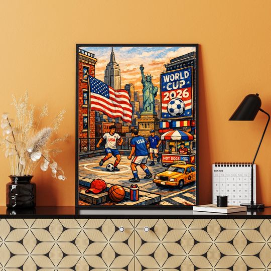 Discover 2026 World Cup USA Illustration Poster  New York Soccer Wall Art  American Culture Football Print  NYC Sports Decor