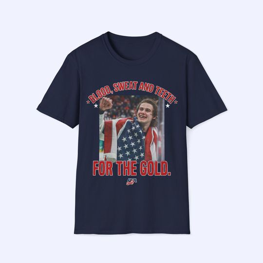 Discover Jack Hughes Bloody Shirt, Blood Sweat and Teeth for the Gold USA Hockey Tee, Olympic Golden Goal T-Shirt