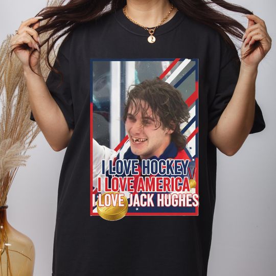 Discover I Love Hockey I Love America I Love Jack Hughes Shirt  USA Hockey Gold Medal Tee  Patriotic Hockey Fan Gift  Team USA Trend T-Shirt