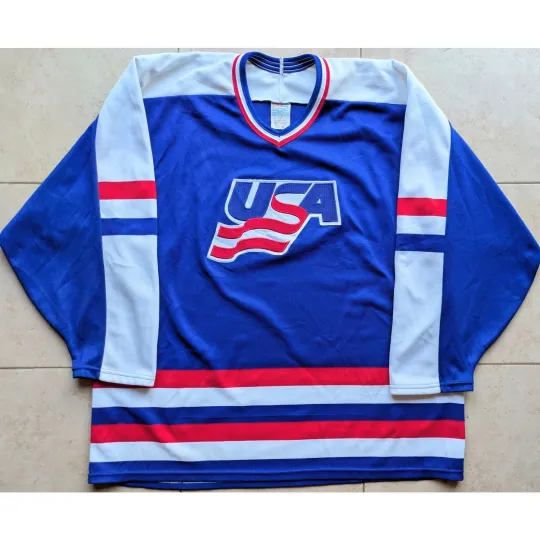 Discover Winter Olympic 1988 CCM Maska Calgary USA jersey XL blue white NHL hockey vintag