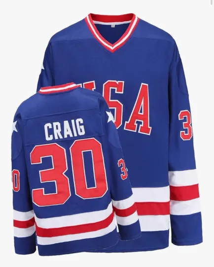 Discover Jim Craig USA 1980 Olympic Ice Hockey Jersey Stitched Size Large.  NEW