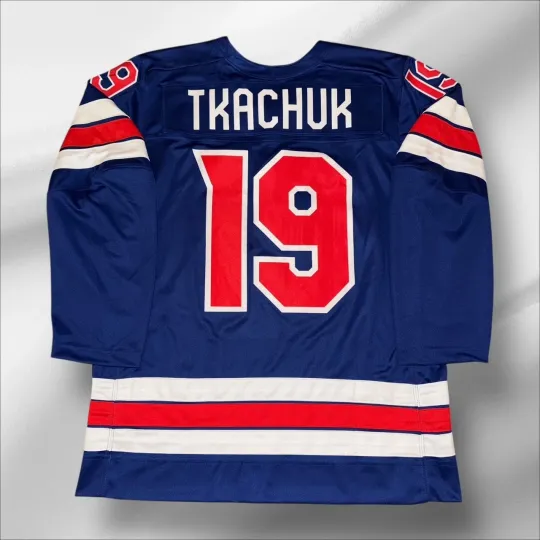 Discover MATTHEW TKACHUK TEAM USA AUTHENTIC NIKE 2026 OLYMPIC BLUE JERSEY SIZE XL NICE!!