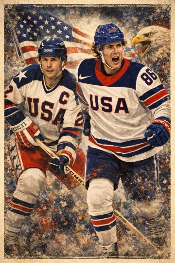 Discover Jack Hughes Mike Eruzione Miracle 1980 2026 Team USA Gold Wall Art Print