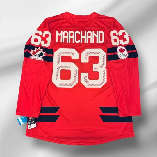 Discover BRAD MARCHAND TEAM CANADA 2026 OLYMPIC RED JERSEY SIZE LARGE BRAND NEW BAUER!!