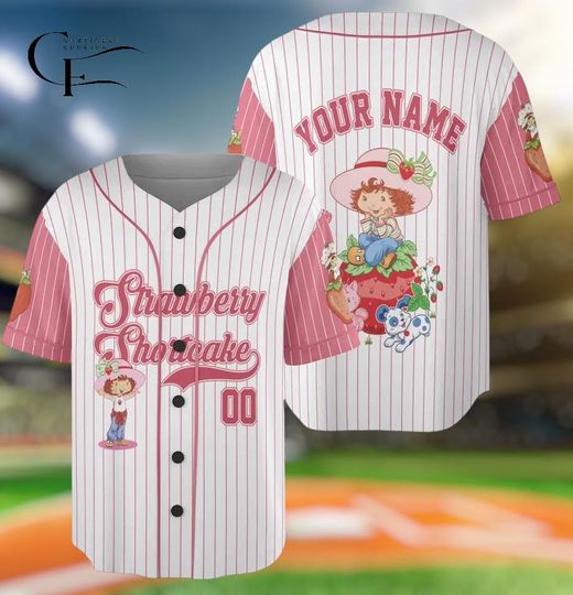Custom Name Strawberry Shortcake Baseball Jersey, Gift For Baseball Fans, Strawberry Birthday Gift