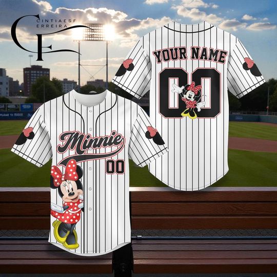 Discover Personalized Disney Minnie Baseball Jersey, Custom Minnie Mouse Shirt, Perfect for Disneyland, Magic Kingdom, Gift for Her