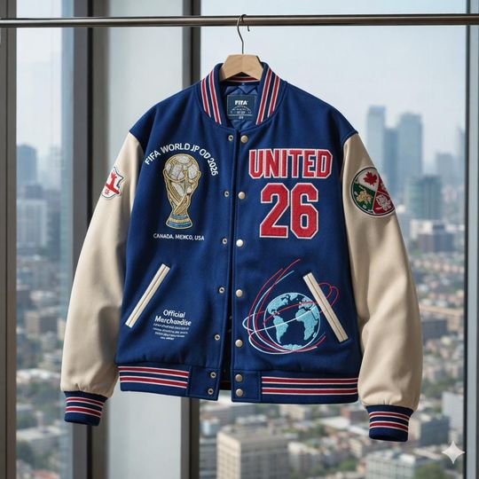 FIFA World Cup 2026 Varsity Jacket  UNITED 26 Blue & Cream Soccer Jacket  Canada Mexico USA Fan Apparel