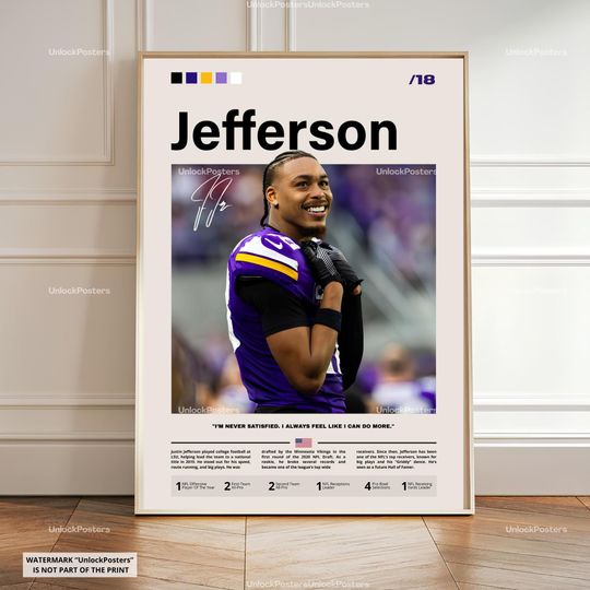 Discover Justin Jefferson Poster, Jefferson Vikings Print, football Wall Art, Football Game Day Decor, Wide Receiver Artwork, Vikings Sports Room