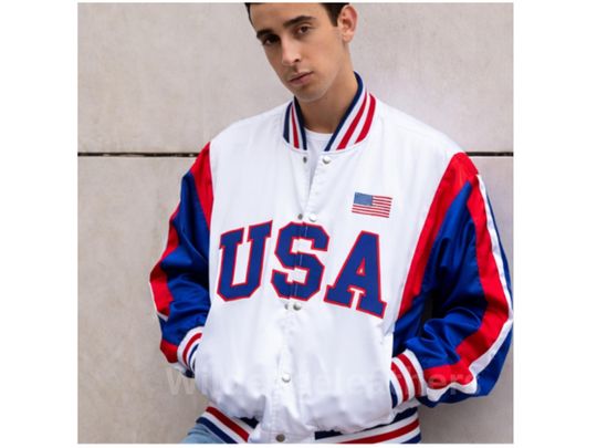 Discover Unisex USA Flag Satin Varsity Jacket Vintage American Flag Letterman Style Bomber Coat