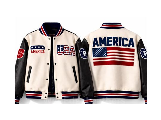 Discover Unisex Usa Flag Varsity Jacket, Real Leather Sleeves Bomber Style American Letterman Jacket