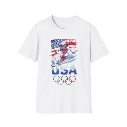 Discover USA Olympic Ski Racer T-Shirt with American Flag and Olympic Rings