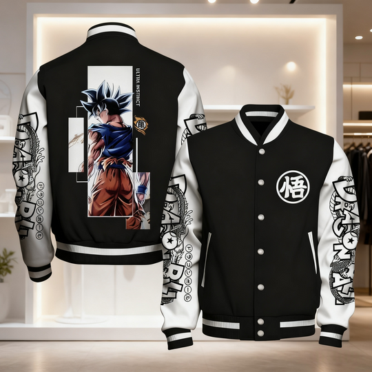 Unisex Baseball Jacket Dragon Ball Goku Ultra Instinct Back Print with Geometric Lines Dragon Sleeve Patterns and Circular Wu