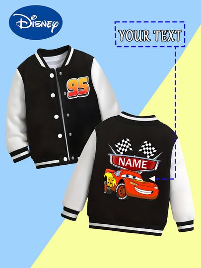 Discover Disney Cars Boys' Baseball Jacket - Customized with Lightning McQueen and "NAME" logo, this black and white baseball jack