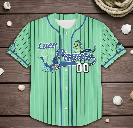 Discover Personalize Luca Paguro Jersey Green Blue, Luca Paguro, Alberto, Gulia, Disney Movie Characters, Disney Jersey, Luca Kids Jersey