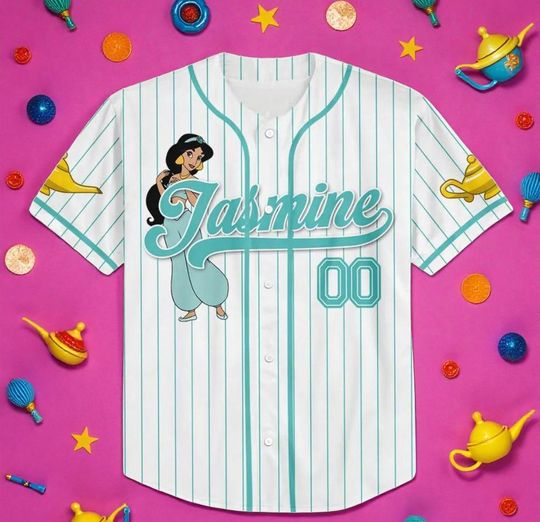 Custom Disney Princess Jasmine Aladdin Jersey, Disney Game Day Kid Adult Jersey, Gift For Baseball Fan Disney Princess Matching