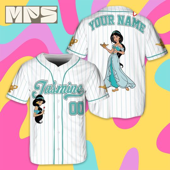 Custom Disney Princess Jasmine Baseball Jersey, Personalized Aladdin Game Day Outfit, Kids Adult Disney Jersey, Matching Princess Fan Gift