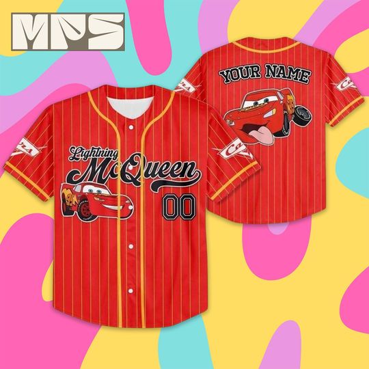 Custom Disney Cars Lightning McQueen Baseball Jersey, Personalized Cars Team Outfit, Cars Land Vacation Shirt,Lightning McQueen Fan Gift