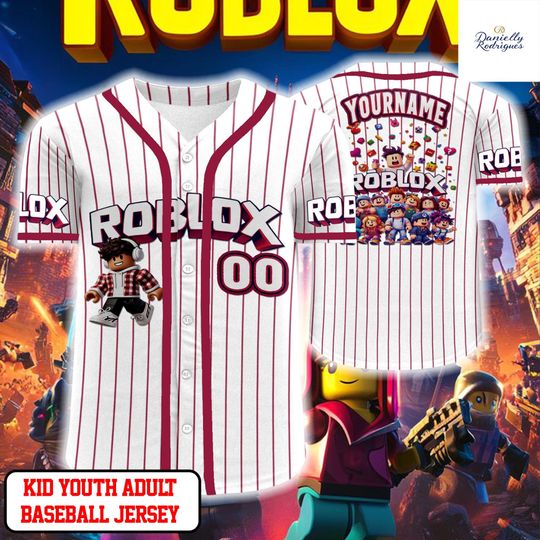 Discover Roblox Pinstripe Baseball Jersey, Personalized Name & Number Shirt, Kids Youth Adult Gaming Baseball Jersey